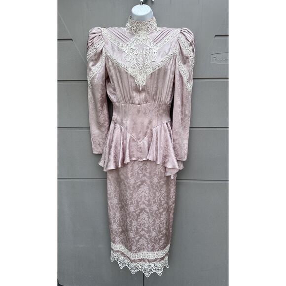 VTG JESSICA McCLINTOCK Pink Silk Lace Prairie Dress High Neck Victorian Cottage - Picture 2 of 16